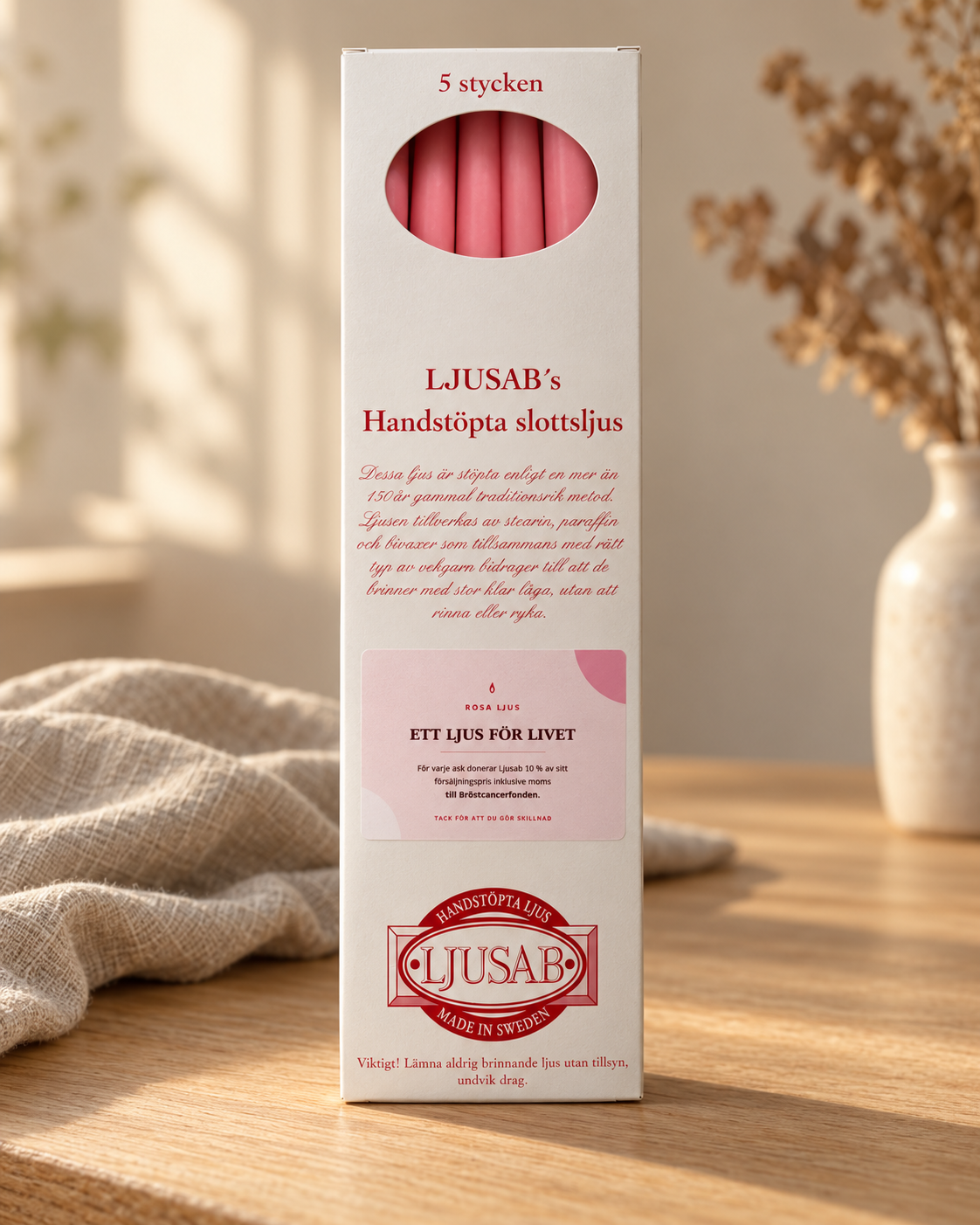Ask med fem rosa handstöpta slottsljus från Ljusab